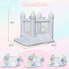 Inflatable bounce house with slide, basketball hoop, and colorful balloons, perfect for outdoor parties and fun activities.
