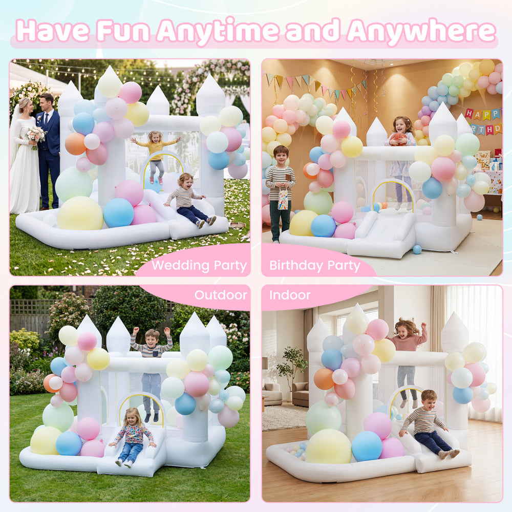 Inflatable bounce house with slide, basketball hoop, and colorful balloons for outdoor and indoor party fun.