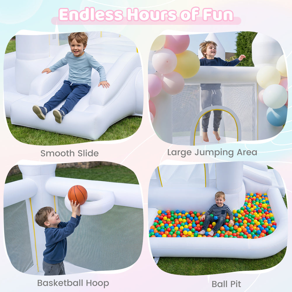 Inflatable bounce house featuring a smooth slide, basketball hoop, and colorful ball pit for endless outdoor fun.