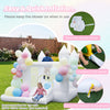 Inflatable bounce house with colorful balloons, slide, basketball hoop, and 370W blower for outdoor fun and parties.