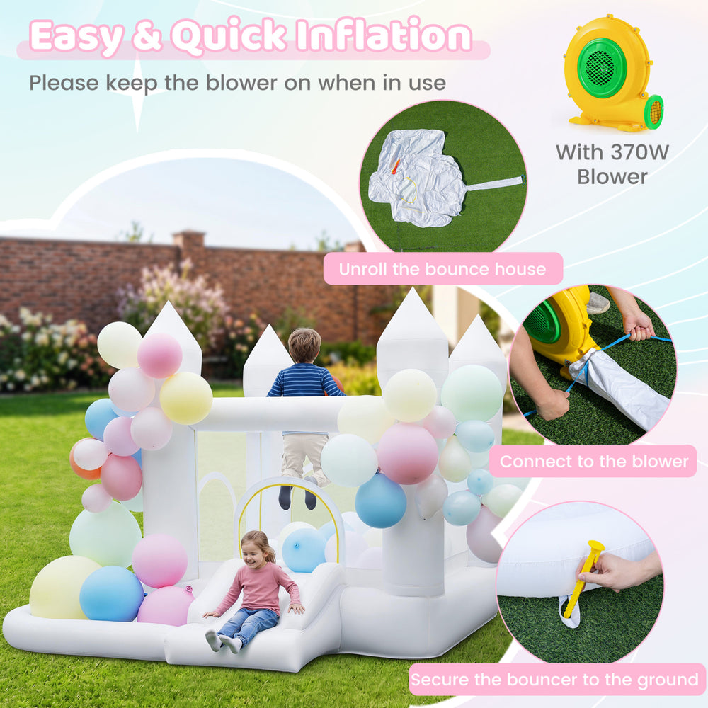 Inflatable bounce house features a jumping area, slide, and basketball hoop, complete with a 370W blower for easy setup.