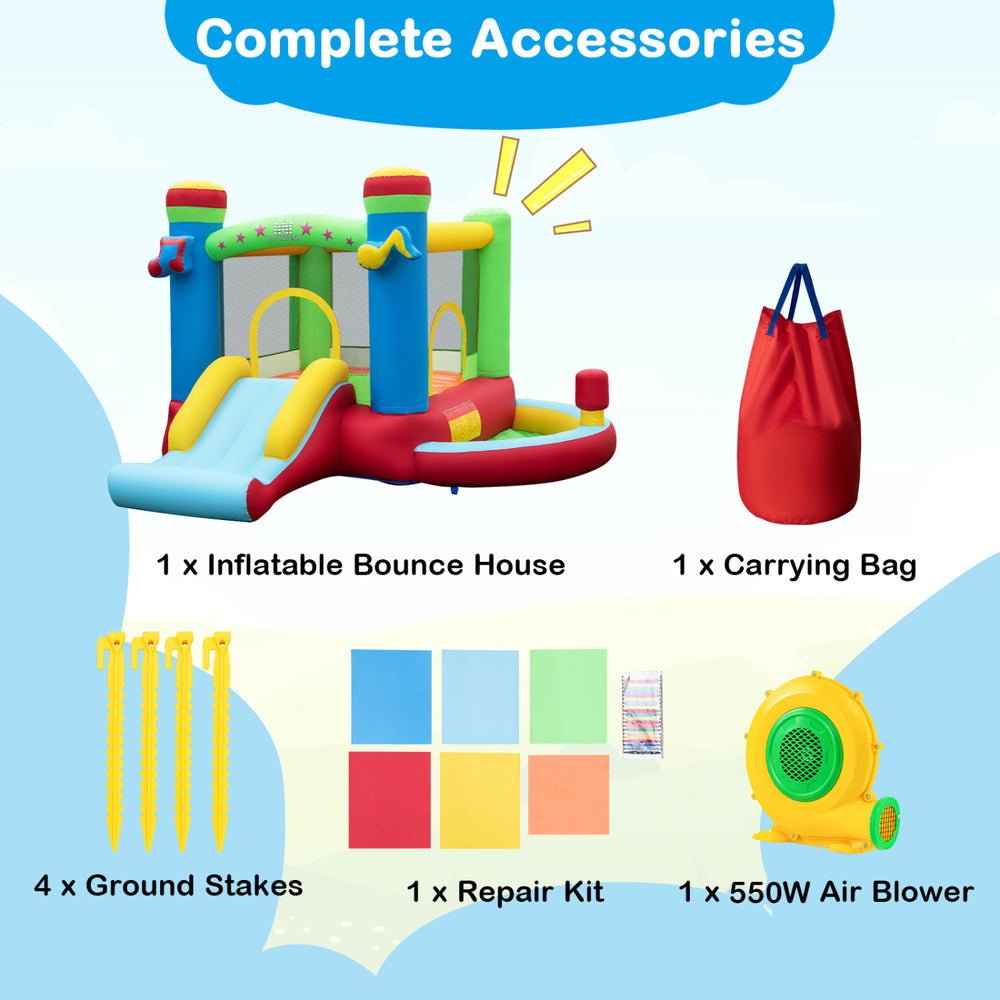 Inflatable bounce house with music theme features a slide, jumping area, and basketball hoop for active play.