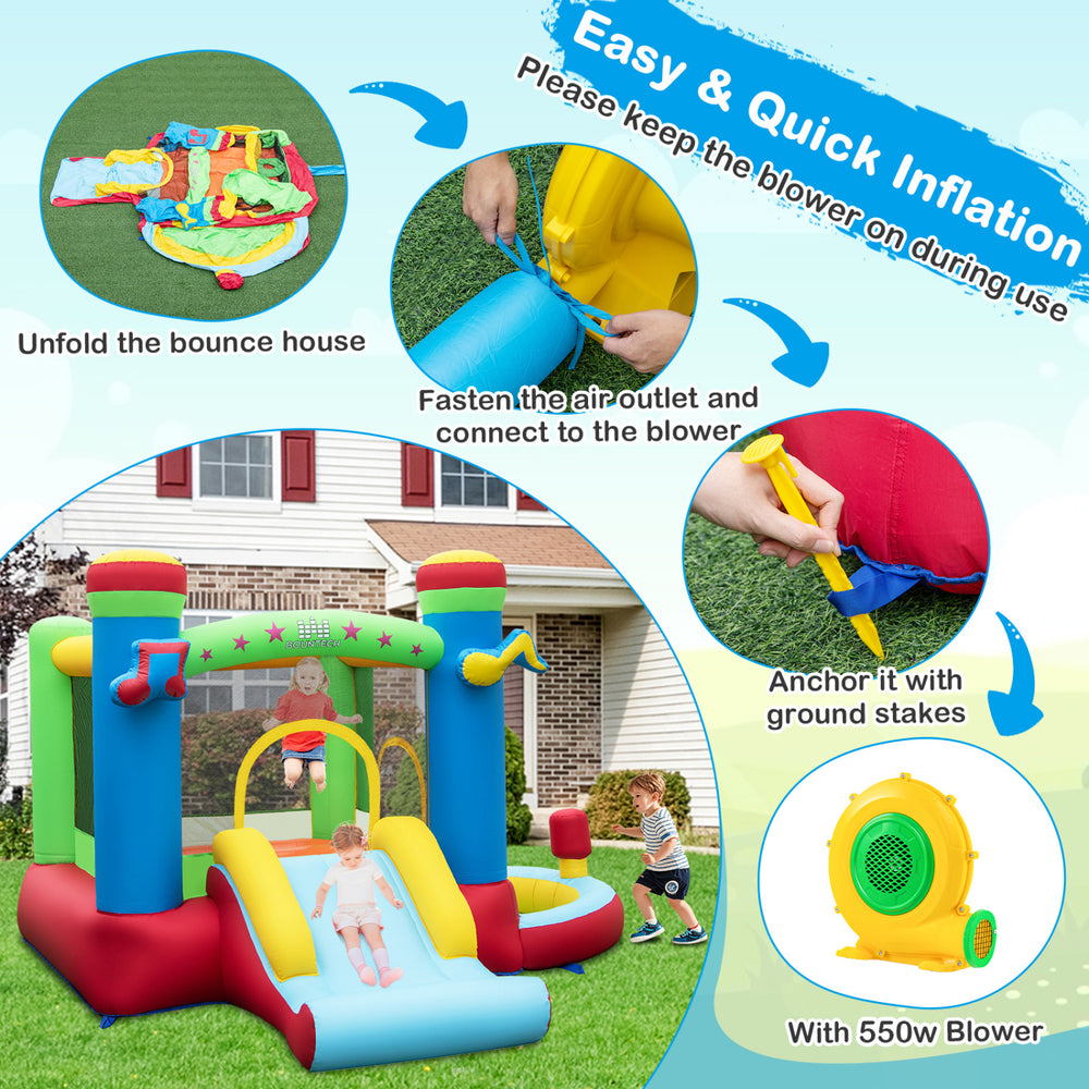 Music-themed inflatable bounce house with slide, basketball hoop, and ball pit for outdoor fun and active play.