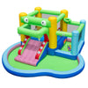 Crocodile-themed inflatable bounce house with slide and splash pool, made of durable 420D Oxford fabric for outdoor fun.