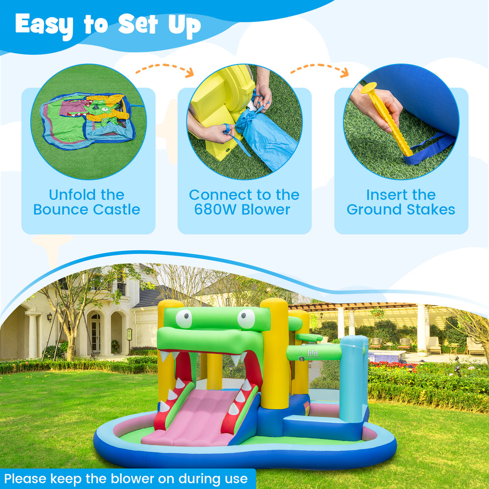 Crocodile inflatable bounce house with slide and splash pool, includes 680W blower and colorful ocean balls for outdoor.