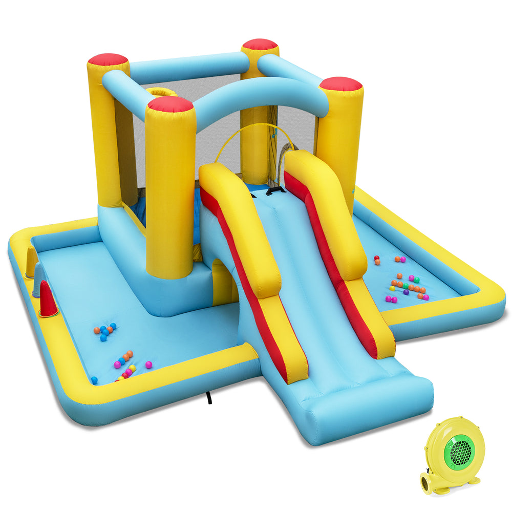 Inflatable Bounce House 7-in-1 with slide and tunnel, made of durable oxford fabric, perfect for kids' outdoor fun.