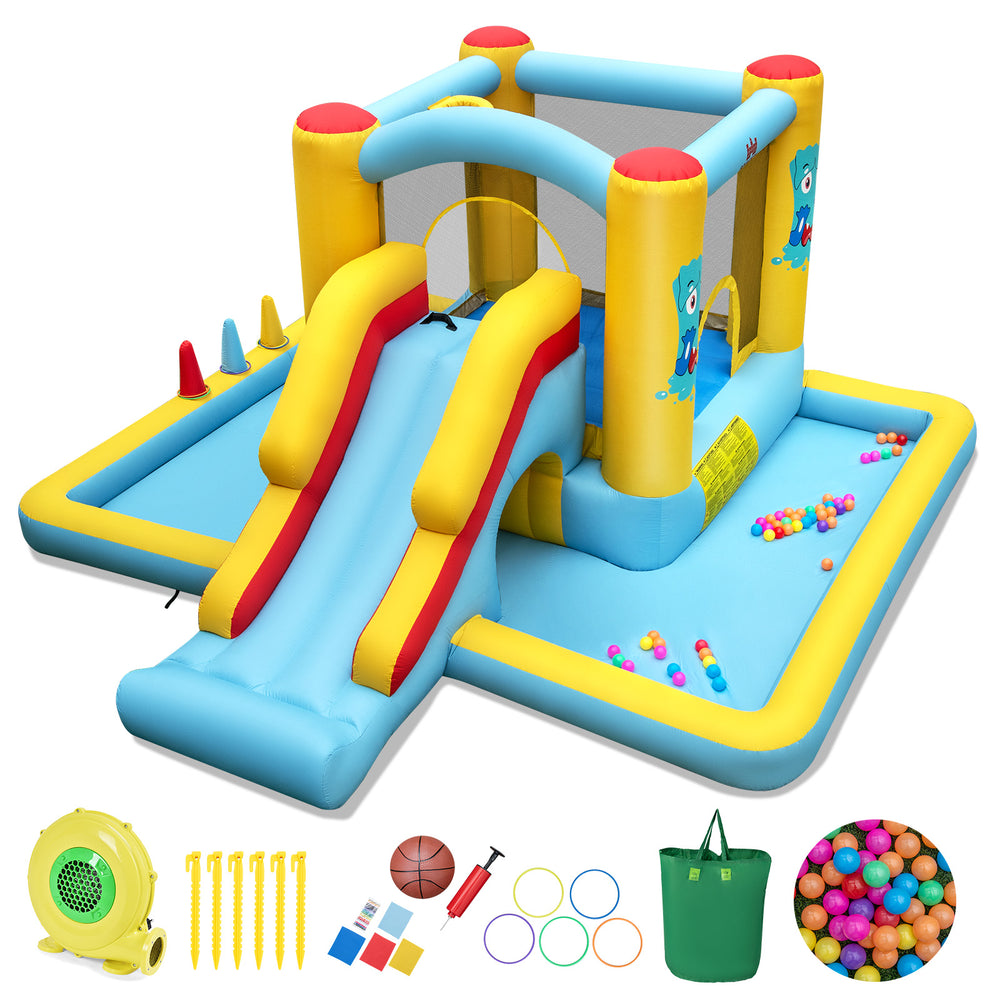 Inflatable bounce house with slide and tunnel, featuring 7 play settings and 50 ocean balls for kids' outdoor fun.