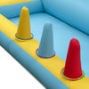Colorful inflatable bounce house features three cones and rings for interactive play, perfect for kids' parties and.