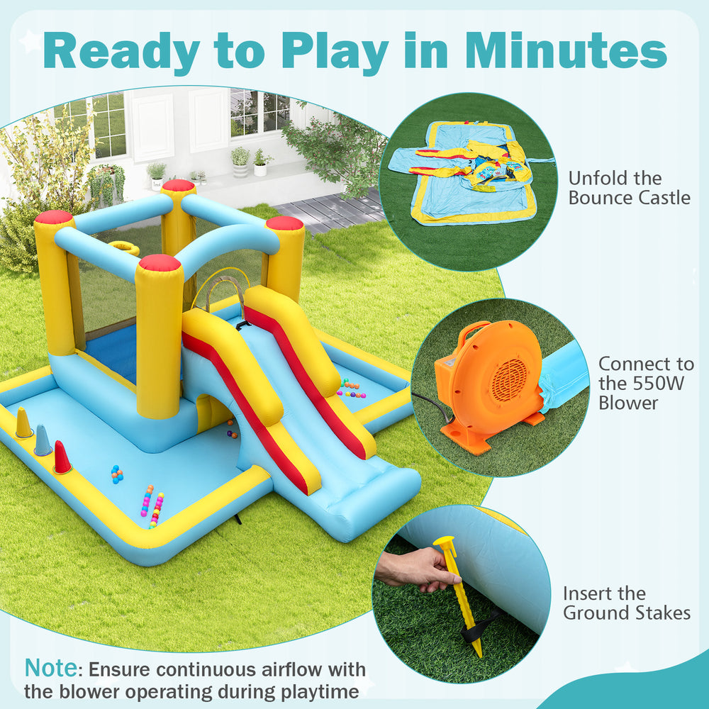Inflatable Bounce House 7-in-1 with slide and tunnel, made of durable oxford fabric, ready for outdoor fun.