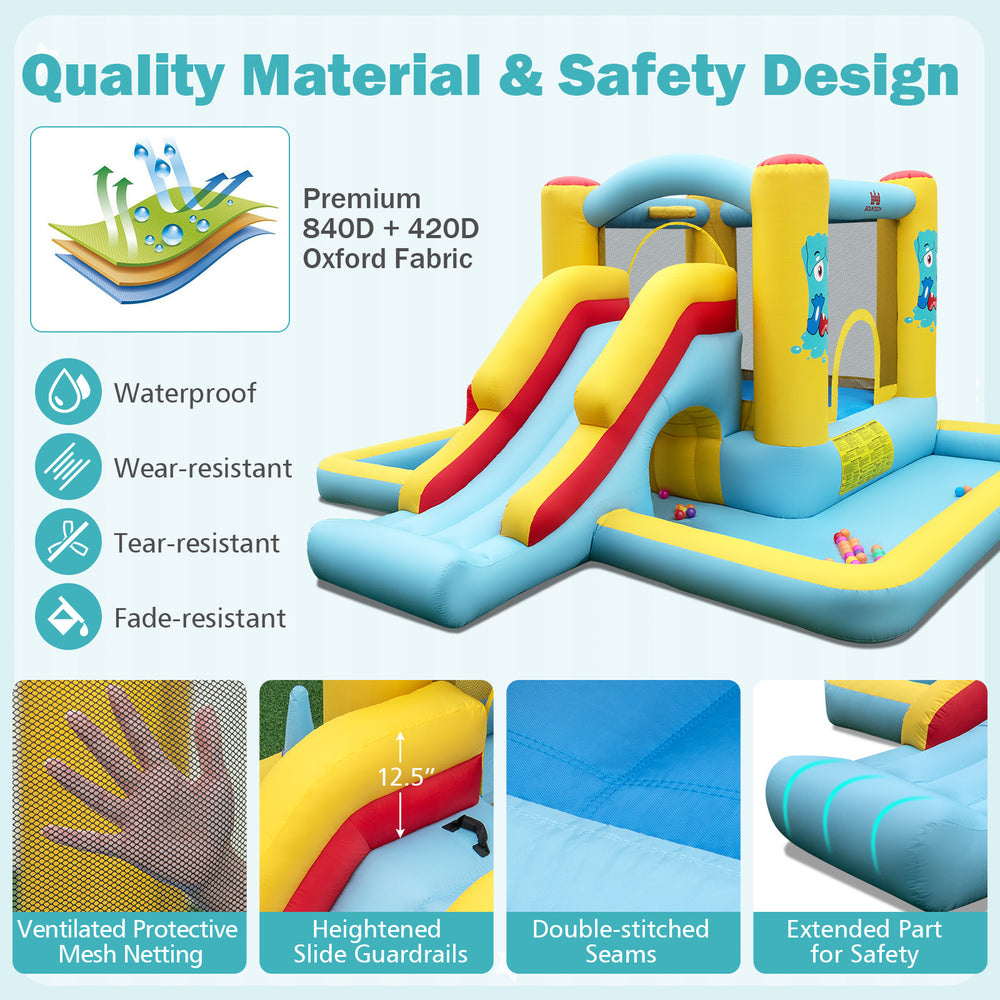 Inflatable bounce house with slide and tunnel, made of durable 840D+420D oxford fabric, perfect for kids' parties.