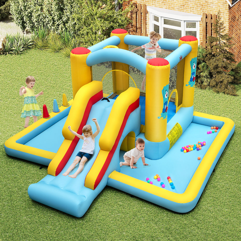 Colorful inflatable bounce house with safety slide and tunnel, perfect for kids' active play at birthday parties or.