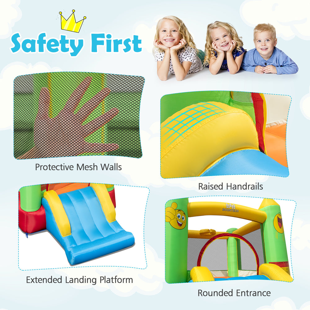 Inflatable bounce house with protective mesh walls, raised handrails, and extended landing platform for safe play.