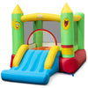 Wide slide entrance of the inflatable bounce house for kids, featuring a durable design and vibrant smiley face theme.