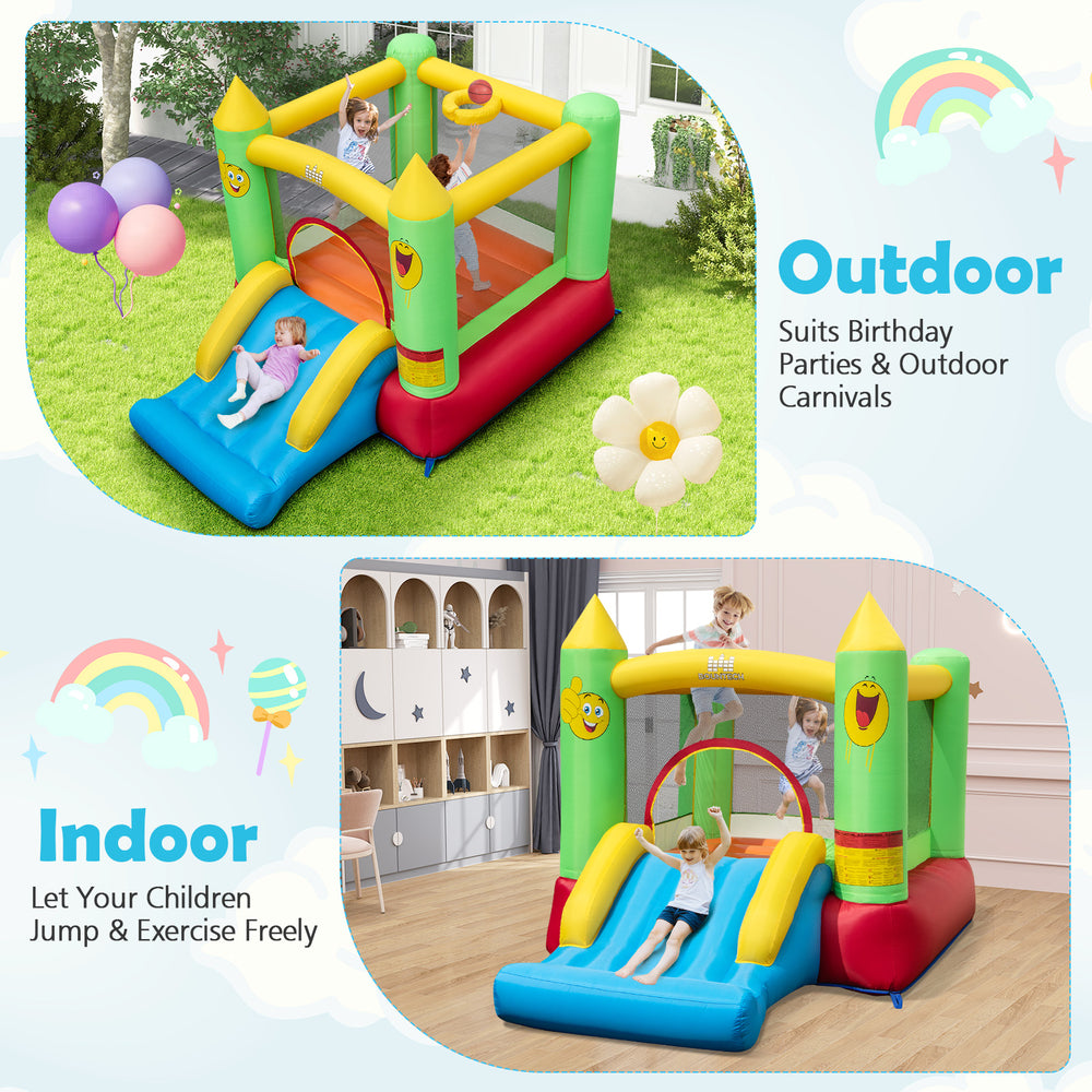 Inflatable bounce house with slide for kids, made of durable 420D oxford cloth, perfect for indoor and outdoor fun.