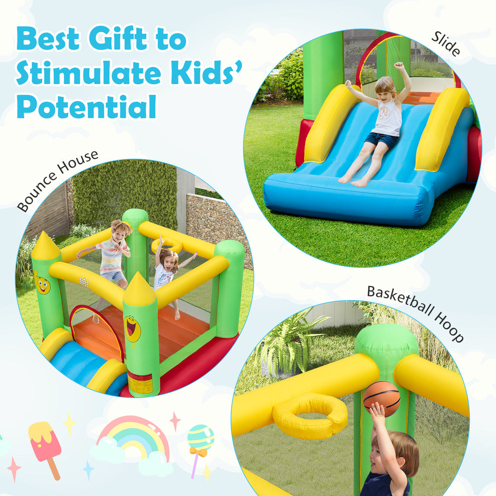 Smiley face inflatable bounce house with slide and basketball hoop, made of durable 420D oxford cloth for outdoor fun.
