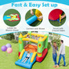 Smiley face inflatable bounce house with slide, featuring a 480W blower for quick setup, perfect for outdoor fun.