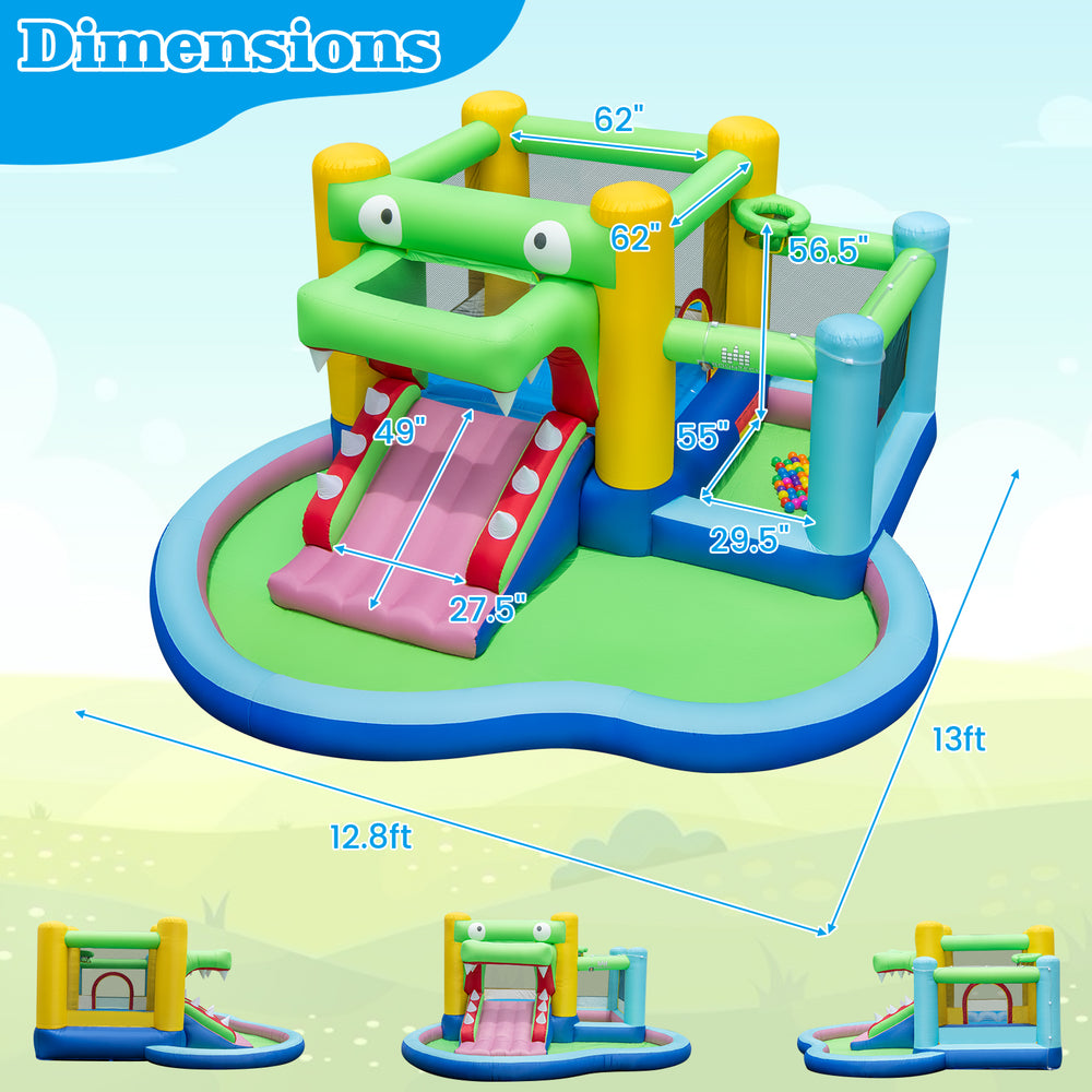 5-in-1 inflatable bounce house with slide and splash pool, featuring colorful design and durable waterproof fabric.
