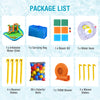 Inflatable water slide park package includes trampoline, colorful balls, blower, and stakes for backyard fun.