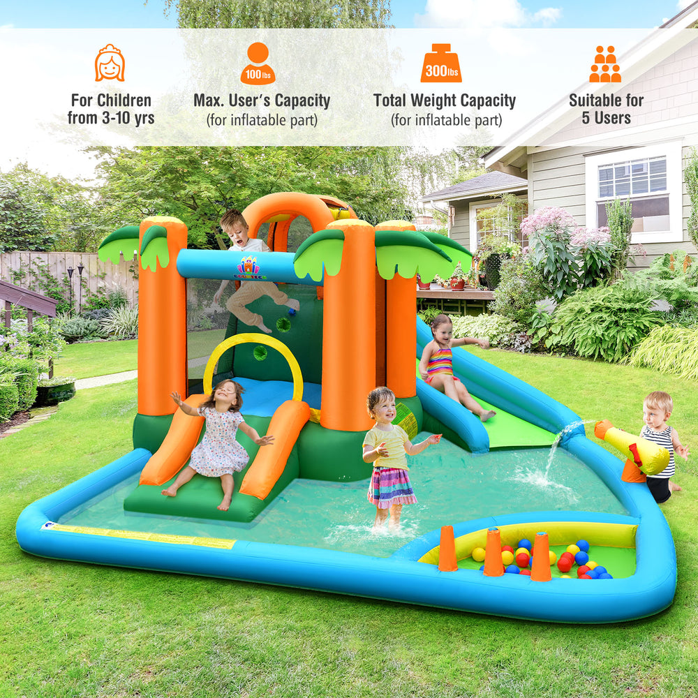 7-in-1 inflatable water slide park with trampoline, slides, and splash pool for 5 kids aged 3-10 years in backyard fun.