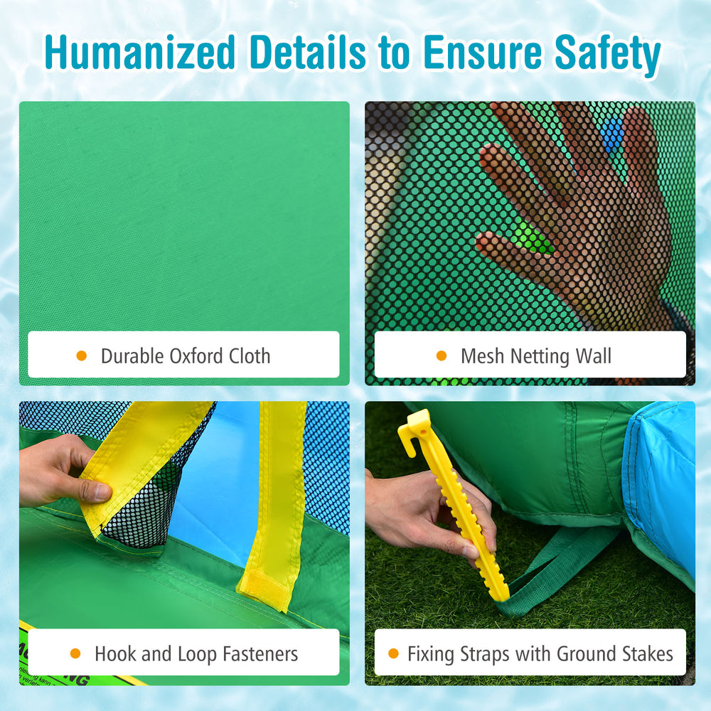 Durable oxford cloth and mesh netting wall detail of the 7-in-1 inflatable water slide park for safe play.