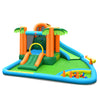Colorful 7-in-1 inflatable water slide park with trampoline, climbing wall, and splash pool for backyard fun.