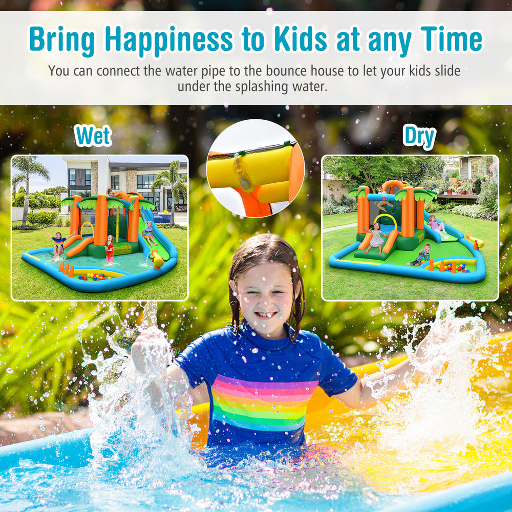 Inflatable water slide park featuring a trampoline, climbing wall, and water cannon, perfect for backyard fun for kids.