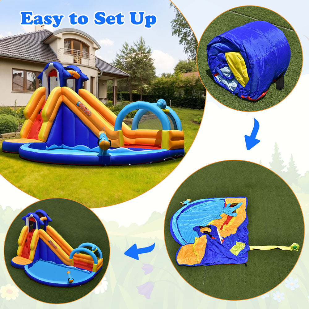 Inflatable bouncy house with slide and splash pool, made of durable oxford material, easy to set up for outdoor fun.