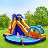 Inflatable bouncy house with slide and splash pool, made of durable oxford material, perfect for outdoor fun.