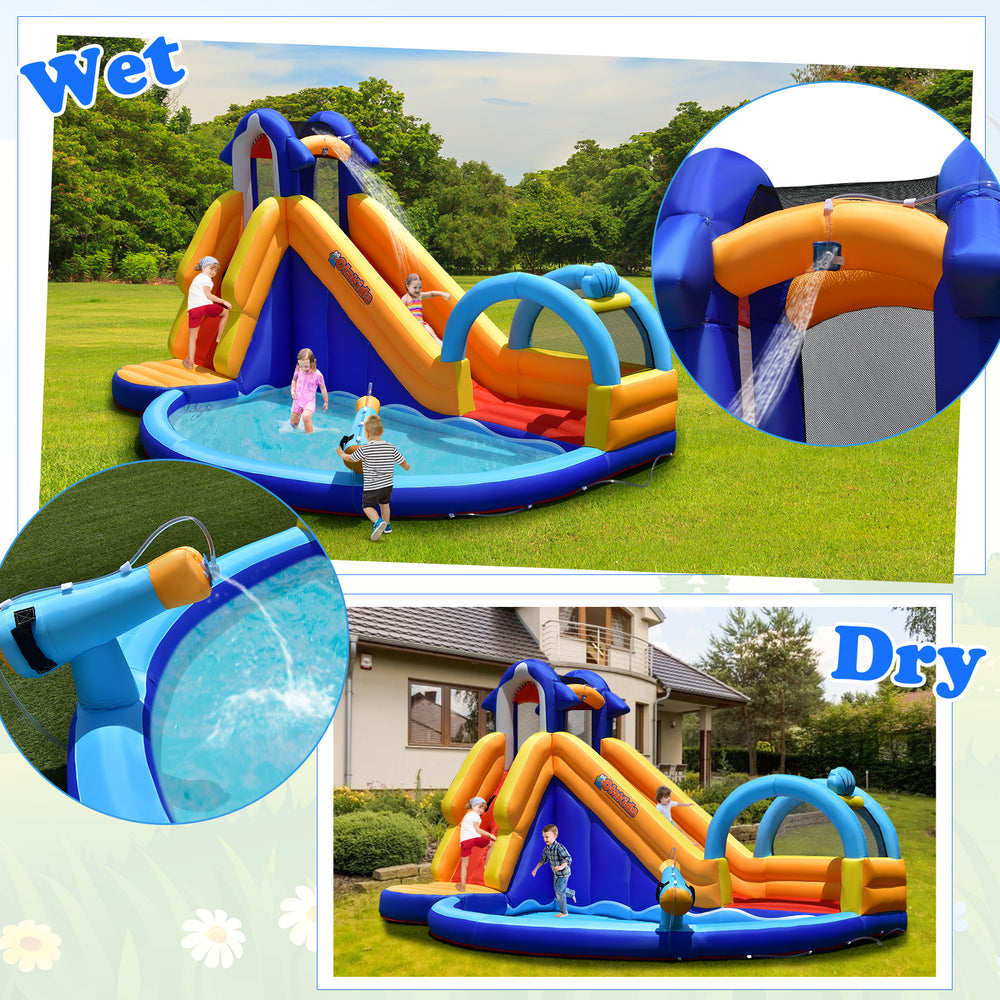 Inflatable bouncy house with slide and splash pool, made of durable oxford material, ideal for outdoor fun.