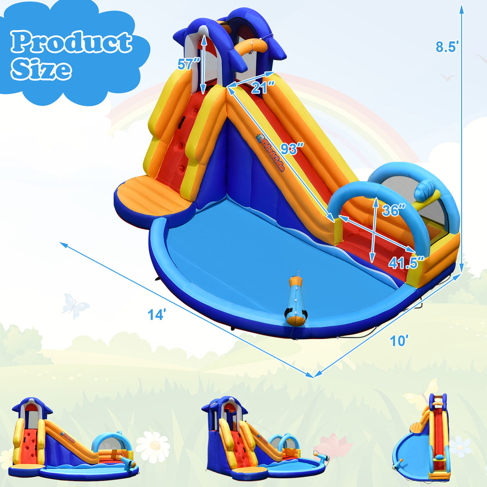 Inflatable bouncy house with slide and splash pool, made of puncture-resistant oxford material, ideal for outdoor fun.