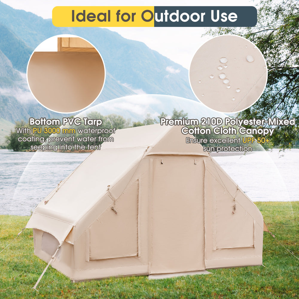 Inflatable camping tent for 4-6 people in beige, featuring waterproof PVC tarp and UPF50+ sun protection for outdoor.