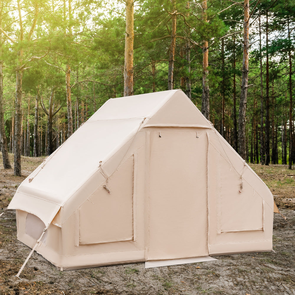 Beige inflatable camping tent for 4-6 people, featuring a self-supporting structure and spacious 64 sq.ft footprint.