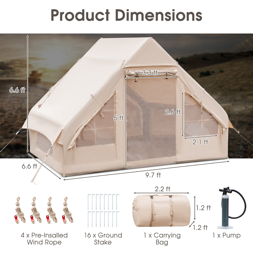 Dimensions of the beige inflatable camping tent, suitable for 4-6 people, showcasing its spacious design and setup.