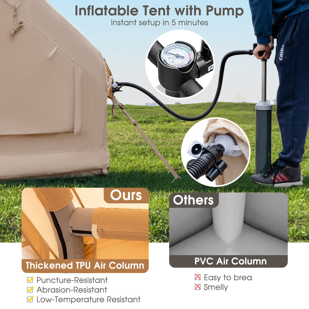 Inflatable camping tent with thickened TPU air column, showing pump setup for quick inflation and durability. Ideal for.