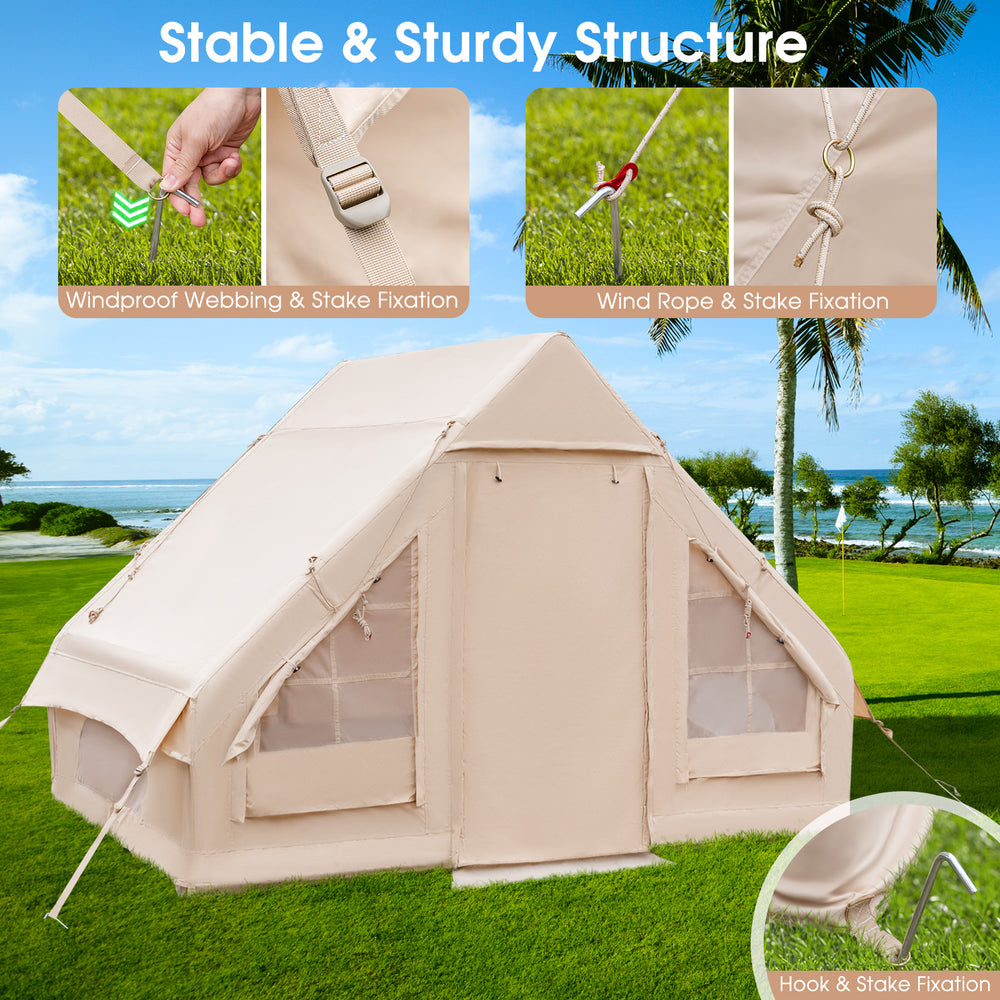Beige inflatable camping tent for 4-6 people with windproof webbing and stake fixation, ideal for family camping.