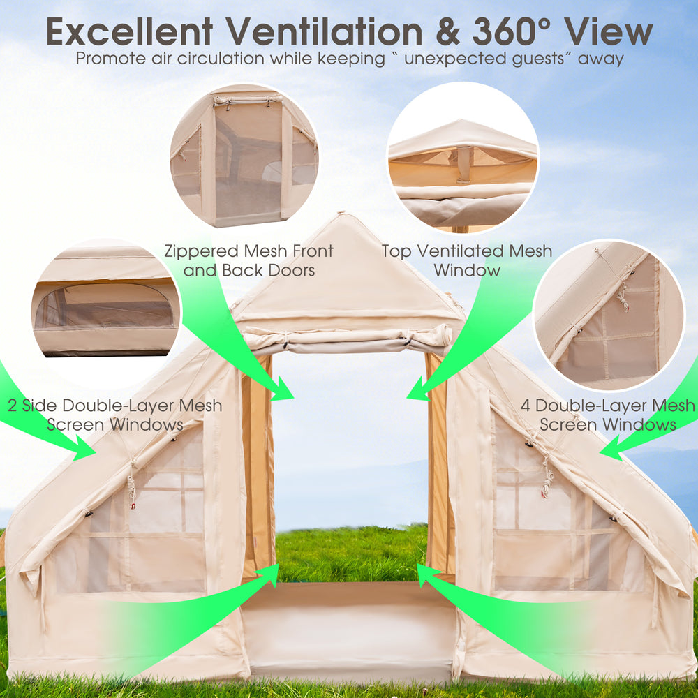 Inflatable camping tent with double-layer mesh windows and doors, offering ventilation and a spacious design for 4-6.