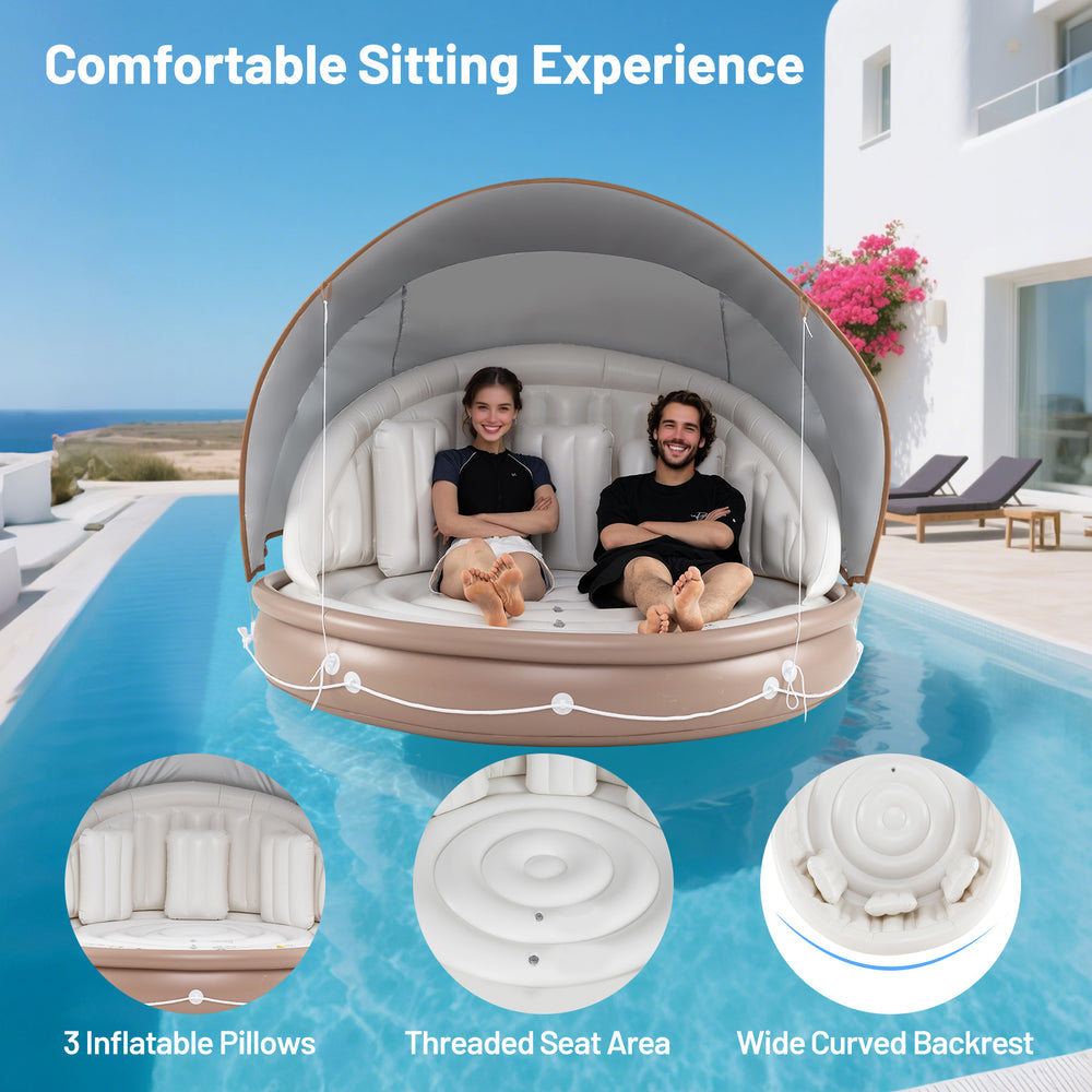 Inflatable canopy island tanning pool lounger float with retractable canopy and three inflatable pillows for ultimate.