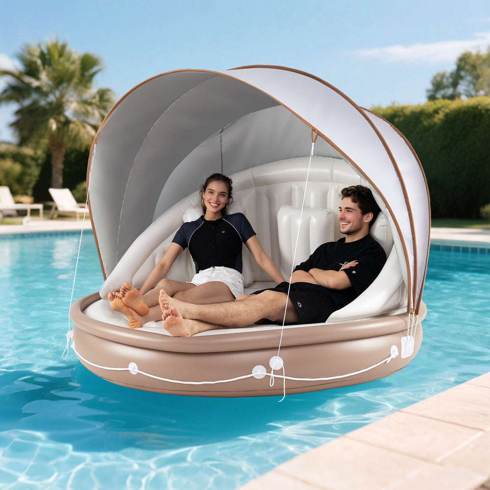 Inflatable Canopy Island Tanning Pool Lounger Float with retractable canopy, providing SPF 50+ sun protection for pool.