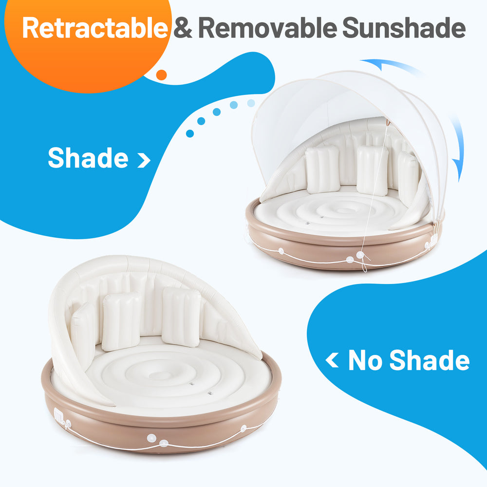 Inflatable Canopy Island Tanning Pool Lounger Float with retractable sunshade, durable PVC, perfect for beach or pool.