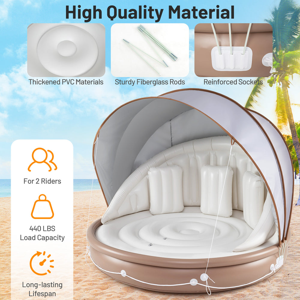 Inflatable Canopy Island Tanning Pool Lounger Float with SPF 50+ protection, ergonomic design, and 440 lbs capacity for.