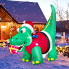 Inflatable dinosaur Christmas decoration with LED lights, wearing a Santa hat and holding a gift, for outdoor festive.