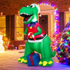 6FT inflatable dinosaur Christmas decoration with LED lights, wearing a Santa hat and holding a candy cane, for festive.