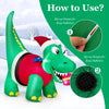 Inflatable dinosaur Christmas decoration with LED lights, featuring a Santa hat and gift box for festive outdoor fun.