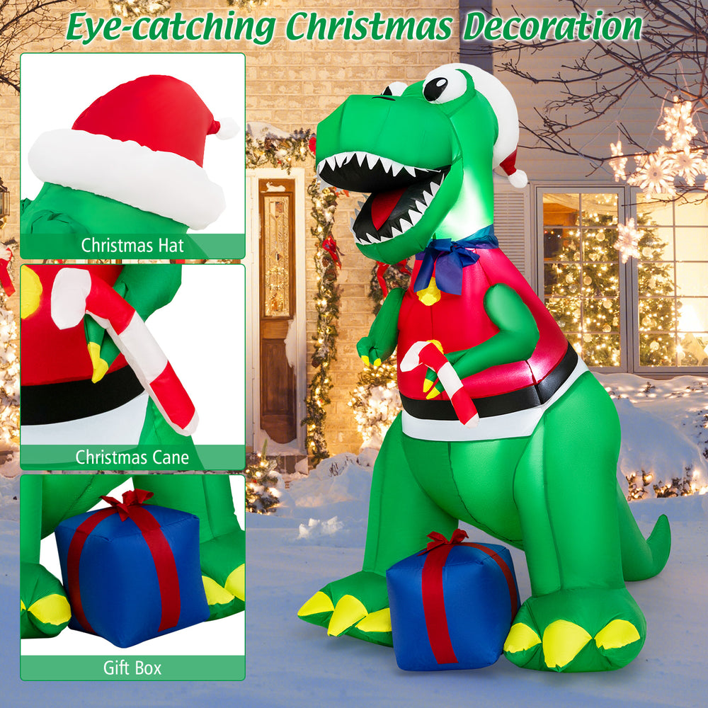 Inflatable 6FT dinosaur Christmas decoration with LED lights, hat, cane, and gift box for festive outdoor displays.