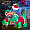 Inflatable dinosaur Christmas decoration with LED lights, featuring a Santa hat and gift box, perfect for yard display.