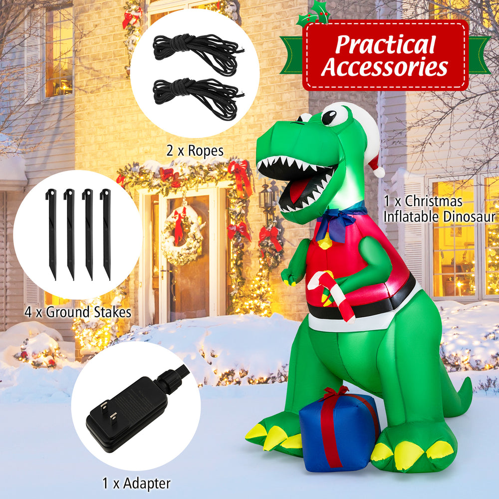 6FT inflatable Christmas dinosaur decoration with LED lights, featuring a gift box and accessories for yard stability.