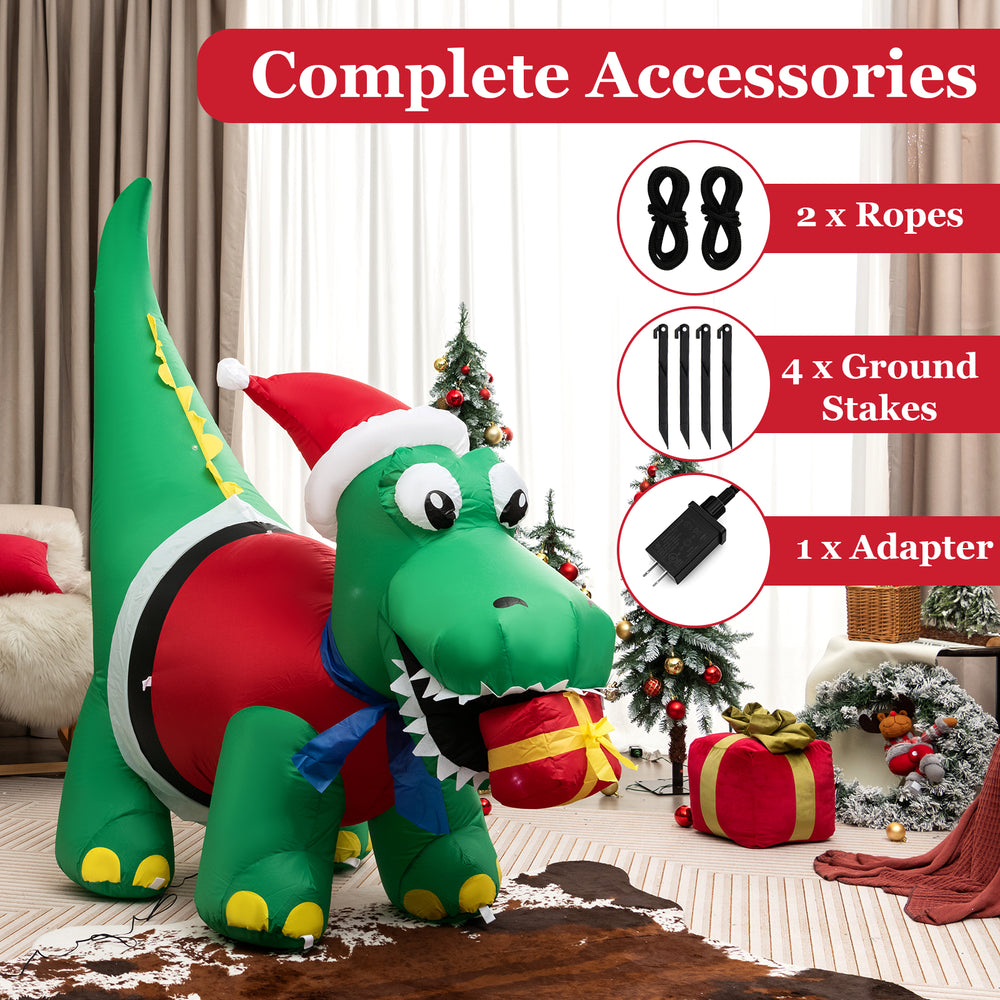 Inflatable dinosaur Christmas decoration with LED lights, featuring a Santa hat and gift box for festive outdoor.
