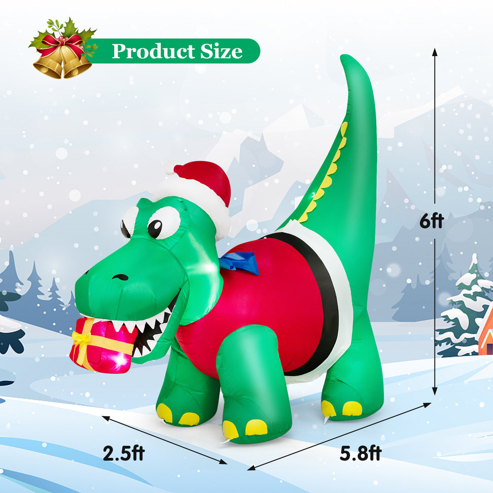 Inflatable dinosaur Christmas decoration, 6ft tall with LED lights, perfect for yard and festive celebrations.