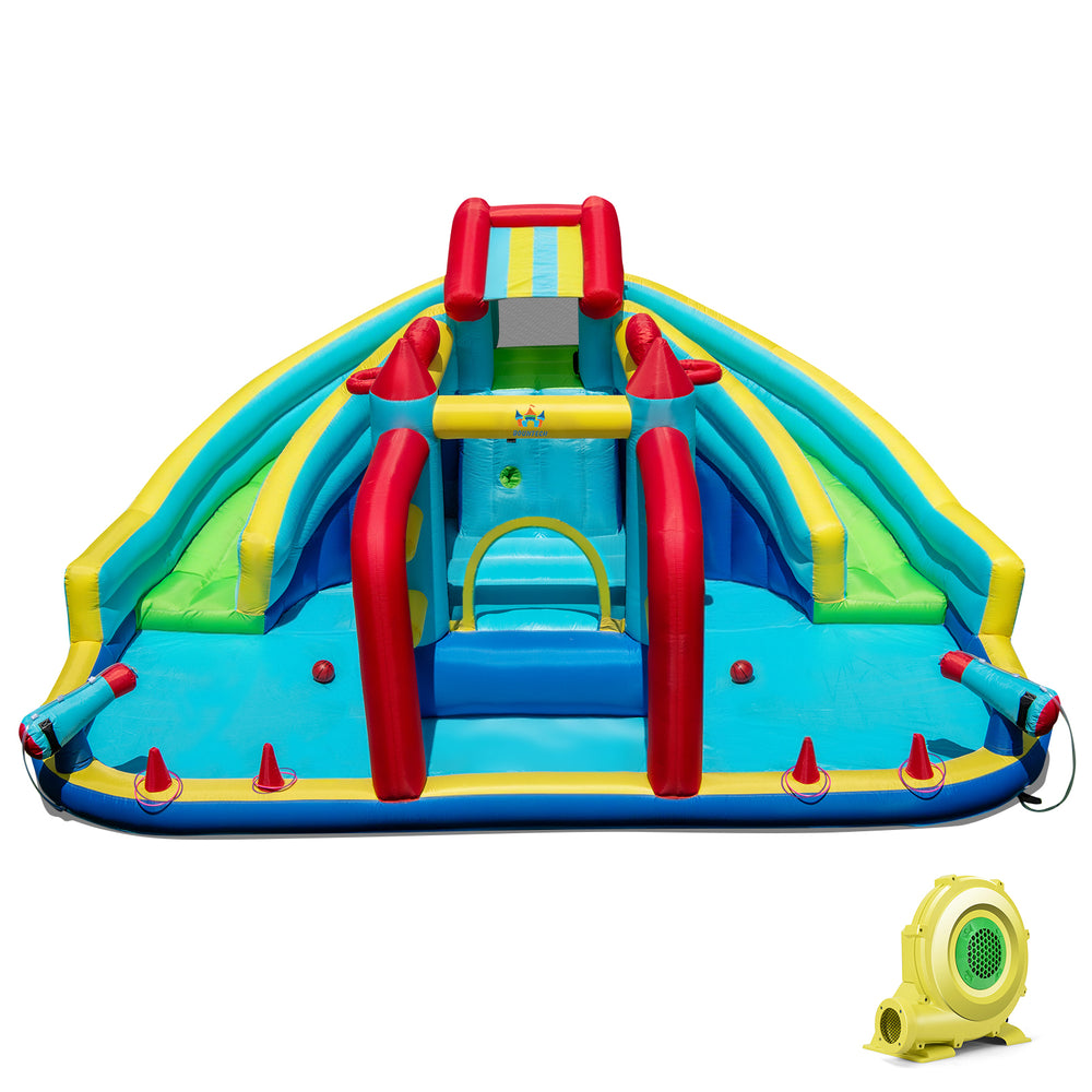 Inflatable Double Water Slide Park features dual slides, obstacle course, and 735W blower for year-round fun.