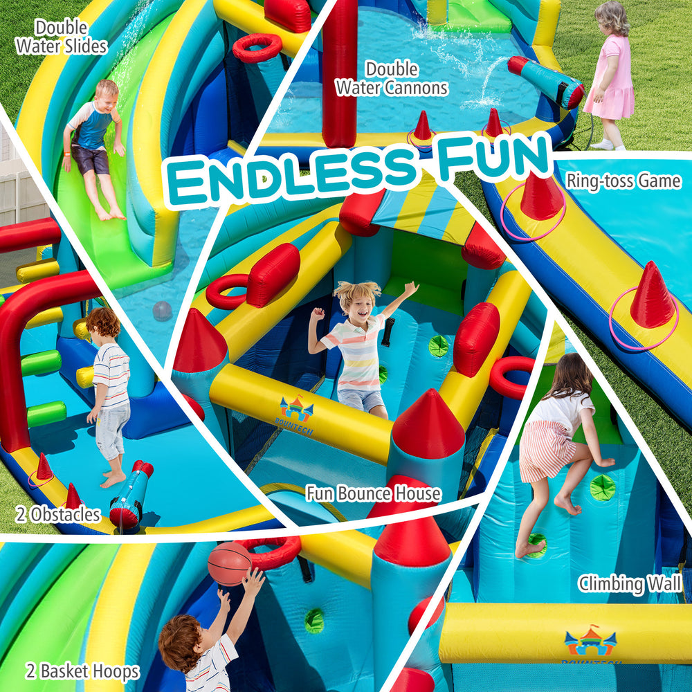 Inflatable Double Water Slide Park featuring slides, climbing wall, and basketball hoops for outdoor fun and exercise.